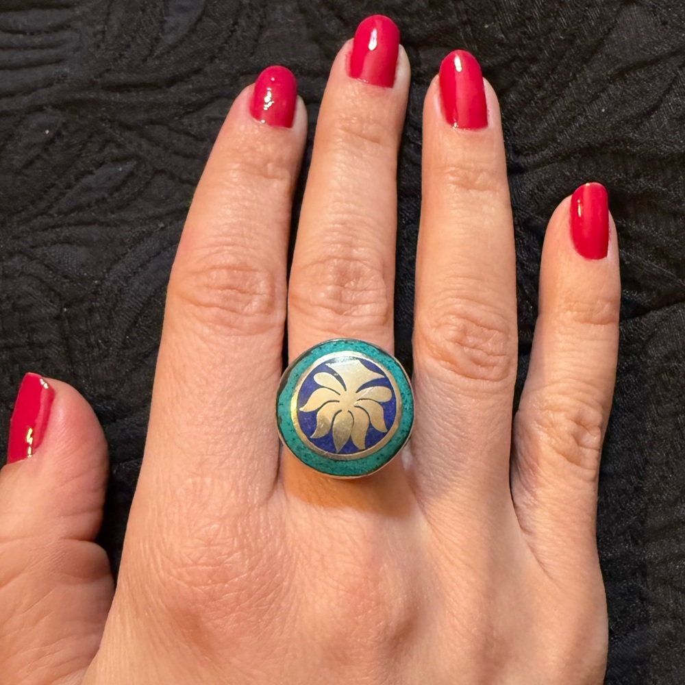 Turquoise and Lapis Lazuli Lotus Round Adjustable ring
